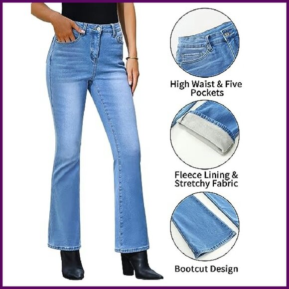 High Waist Fleece Lined Bootcut Jeans Stretchy Thermal Winter Pants - Picture 7 of 8